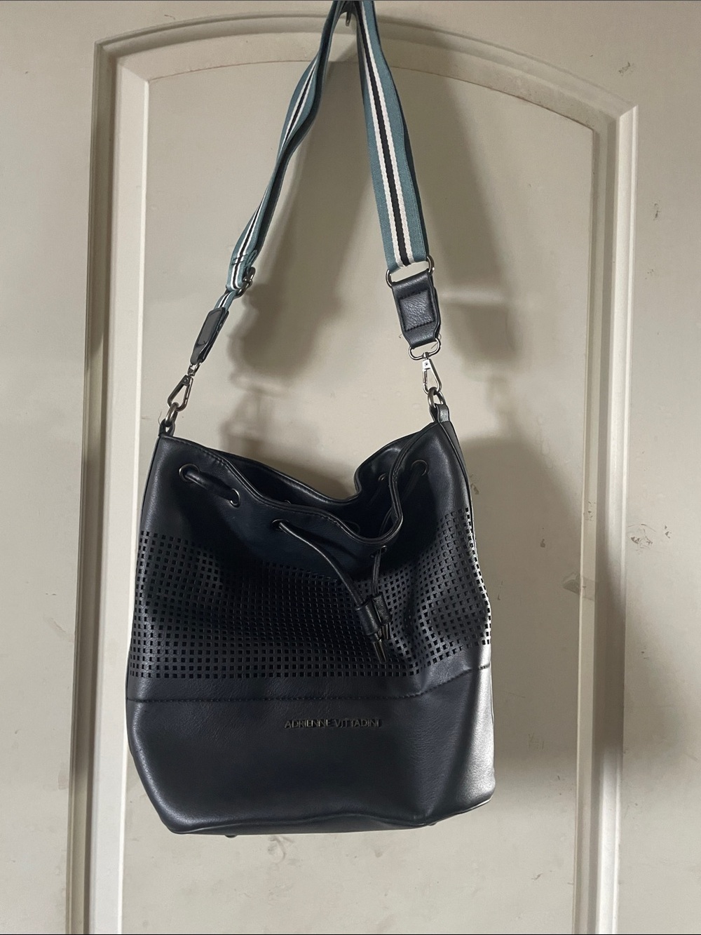 Adrenne Vittadini Drawstring Hobo Bag  w Canvas Striped Shoulder Strap